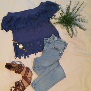 Blue crochet like off the shoulder top